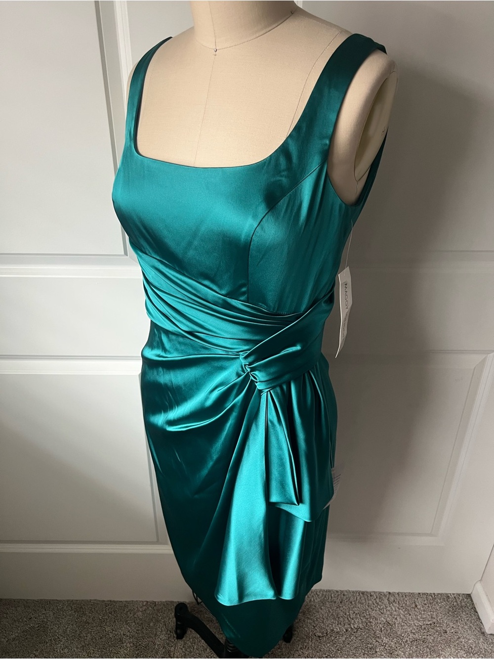 Maggy London Teal Satin Draped Midi Dress - Picture 5 of 15